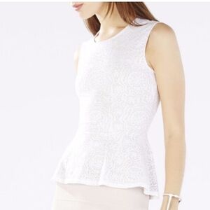 BCBGMAXAZRIA White Lace Sleeveless Lyna Peplum Top